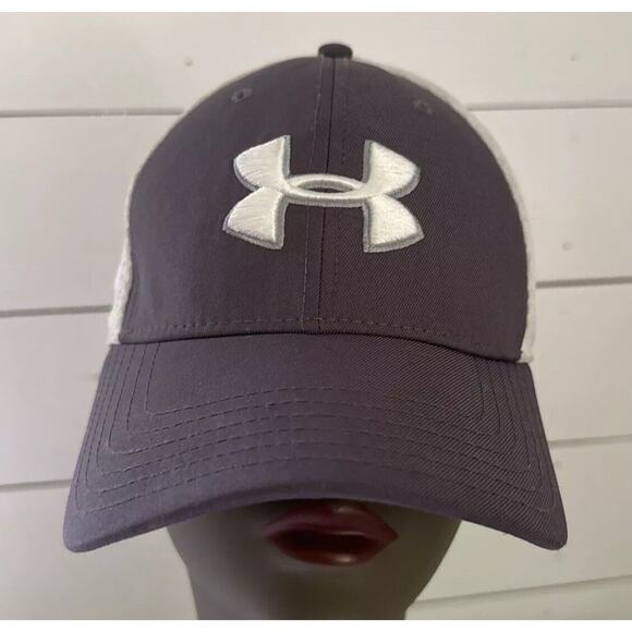Under Armour Golf Hat Adult Fitted Flex Fit Gray White Mesh Baseball Cap M/L - Picture 1 of 7